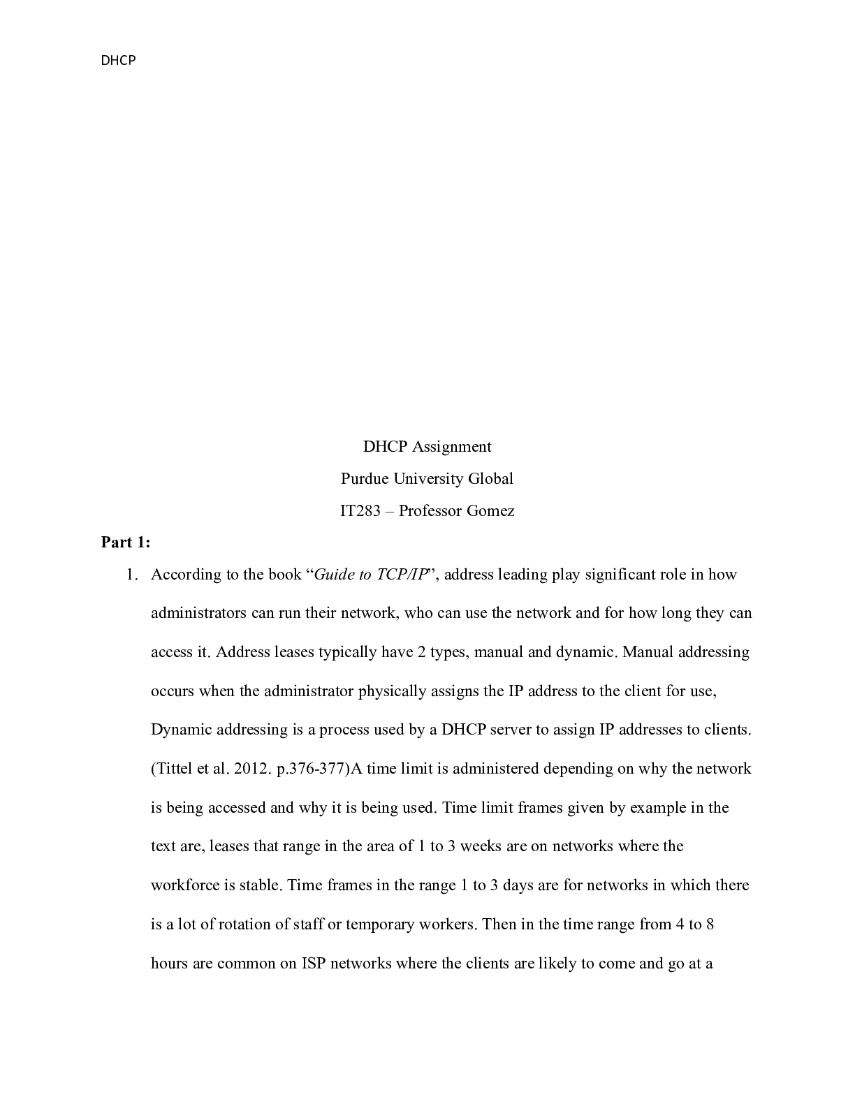 Preview image for IT283  Unit 6 Assignment.docx    DHCP Assignment  Purdue University Global   IT283 â€“ Pro